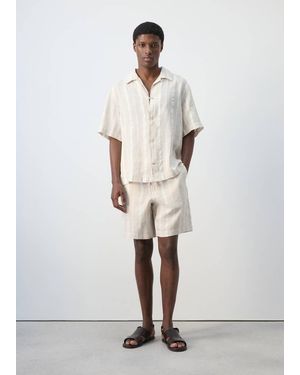 Mango Striped Linen Shirt With A Bowling Collar - White