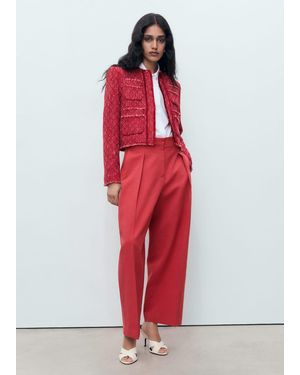 Mango Tweed Jacket With Frayed Ends - Red