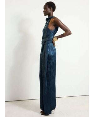 Mango Satin Halterneck Jumpsuit With Belt - Blue