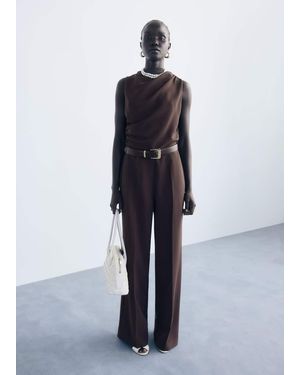 Mango Long Jumpsuit With Draped Neck And Belt - Blue