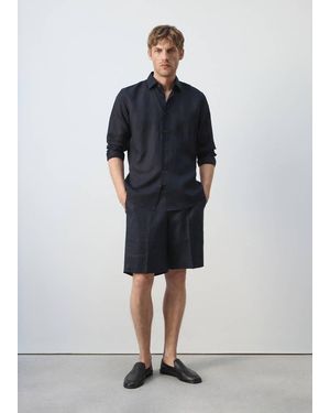 Mango Regular Fit 100% Linen Bermuda Shorts - Blue