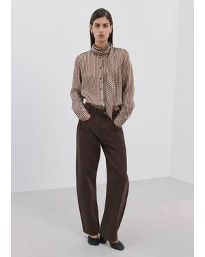 Mango Striped Blouse With Bow Tie Neck - Natural