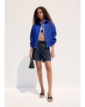 Mango Mid-Rise Denim Bermuda Shorts With Pleats - Blue