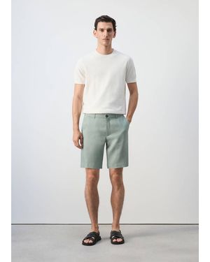 Mango Slim-Fit 100% Linen Bermuda Shorts - Blue
