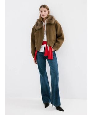 Mango Wool Blend Jacket With Fur Collar - Blue