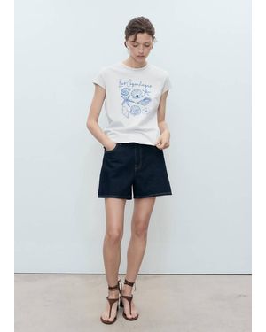 Mango Printed Cotton-Blend T-Shirt - White