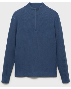 Mango Ribbed Jumper With Zip Neck - Blue
