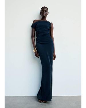Mango Draped Dress With Brooch - Blue