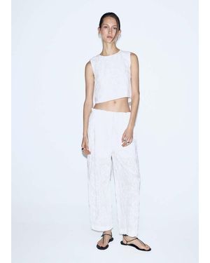 Mango Embroidered Floral Cotton Trousers - White