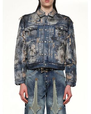 THUG CLUB Hard-Washed Damaged Denim Jacket - Blue