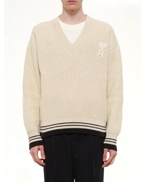 Ami Paris Ami De Coeur V Neck University Jumper - White