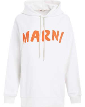 Marni Logo Print Hoodie, Long Sleeves, 100% Cotton - White