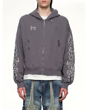 THUG CLUB Leather Flame Hooded Zip-Up - Grey