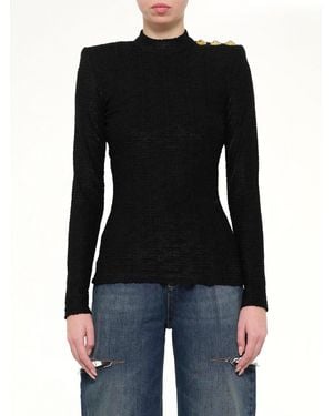 Balmain Ls Bouclette Monogram Top - Black