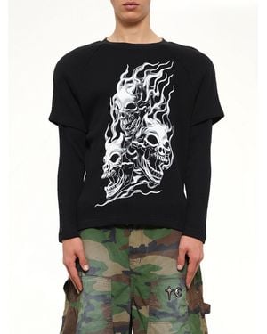 THUG CLUB Bulk Shoulder Three Riding Skull Layered T-Shirt - Black