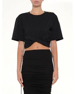 Balmain Cropped Knotted T-Shirt - Black