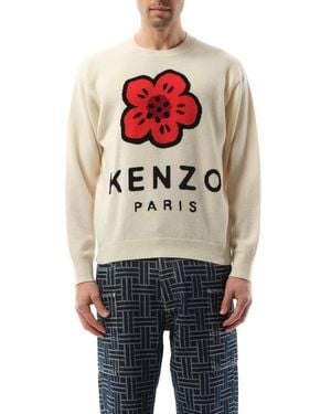 KENZO Knit Boke Flower Placed Jumper, Long Sleeves, Off, 100% Wool - Grey