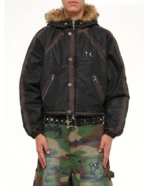 THUG CLUB Three Riding Skull Fur Hooded Jacket - Black