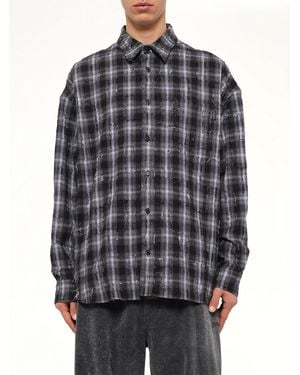 Juun.J Mono Needle-Fringed Check Loose Fit Shirt - Grey