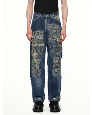 THUG CLUB Vintage-Stitched Camo Denim Trousers - Blue