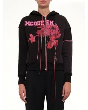 McQueen Rose Print Hoodies - Black