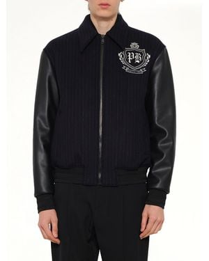 Balmain Pinstripe Wool Varsity Jacket - Blue