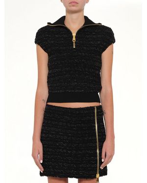 Balmain Zipped Short Sleeve Knit Tweed Top - Black