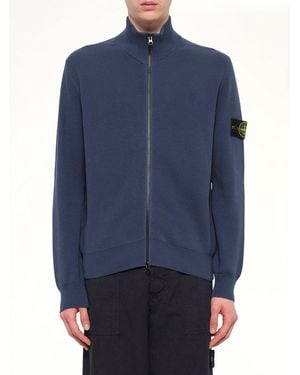 Stone Island 5100126 Ribbed Cotton Zip-Up Cardigan - Blue