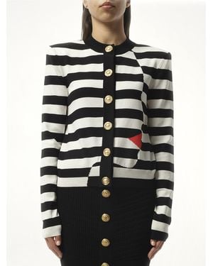 Balmain Buttoned Face Mariniere Knit Cardigan, Round Neck, Long Sleeves, 100% Polyester - Black