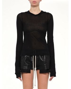 Rick Owens Cropped Hooded Rib Ls T-Shirt - Black