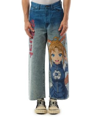 Doublet Anime Hand-Painting Denim Trousers, 100% Cotton, Size: Medium - Blue