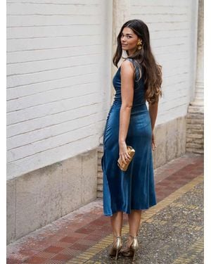Mariquita Trasquilá Vestido Terciopelo Aplique Dorado - Azul