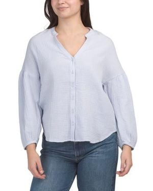 Marshalls Puff Shoulder Long Sleeve Button Front Knit Top For - Blue