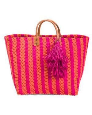 Marshalls Large Lido Handwoven Sisal Carry All Tote With Leather Handles For - Pink