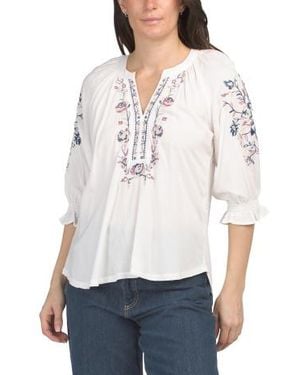 Marshalls Lantern Sleeve Split Neck Embroidered Top For - White
