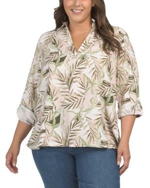 Marshalls Plus Linen Blend Printed Button Back Roll Tab Shirt For - Natural