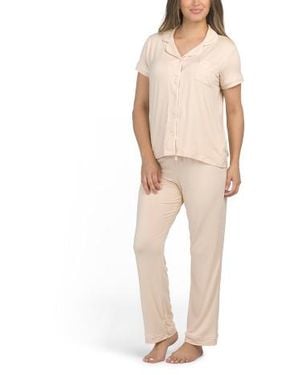 Marshalls 2Pc Short Sleeve Notch Collar Top And Pants Pajama Set For - Natural