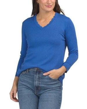 Marshalls Cashmere Blend Alaina Scalloped Trim Pull Over Sweater - Blue