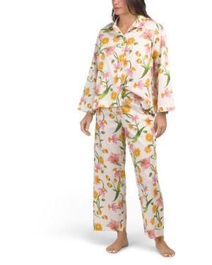 Marshalls 2Pc Cotton Sateen Solene Classic Collar Pajama Top And Pants Set For - White