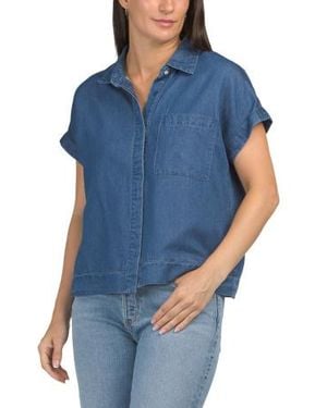 Marshalls Lena Denim Cuffed Sleeve One Pocket Button Front Crop Top For - Blue