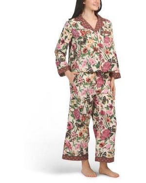 Marshalls 2Pc Cotton Patterned Long Sleeve Notch Collar Top And Pants Pajama Set For - Multicolor