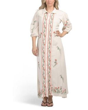 Marshalls Linen Blend Three-Quarter Sleeve Embroidered Maxi Dress For - Natural
