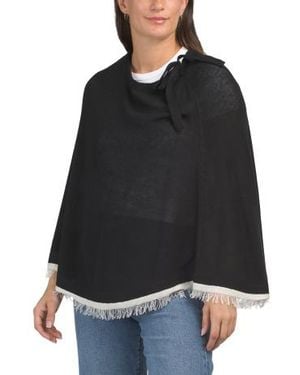 Marshalls Wool Blend Poncho With Fringe Trim And Bow Accent For - Black
