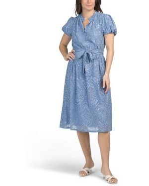 Marshalls Ruffle Neck Bubble Sleeve Elastic Waist Midi Dress For - Blue
