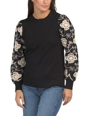 Marshalls Crew Neck Long Sleeve Mixed Media Top With Crochet Sleeves For - Black