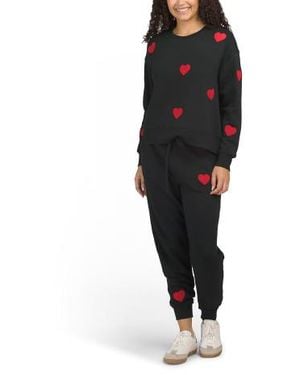 Marshalls Cozy Fleece Lined Heart Embroidered V Day Top And Pants Set For - Black