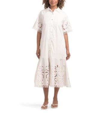 Marshalls Short Volume Sleeve Collared Dress With Eyelet Lace Details For - White