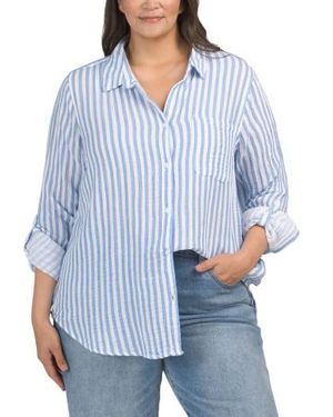 Marshalls Plus Gauze Button Down Striped Shirt For - Blue