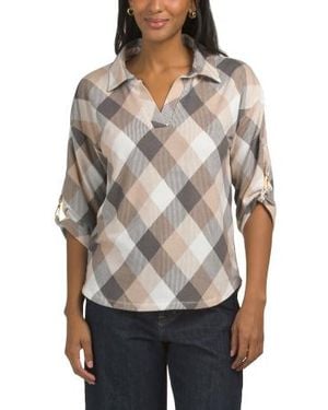 Marshalls Collared Henley Top With Sleeve Buckle Trim For - Gray