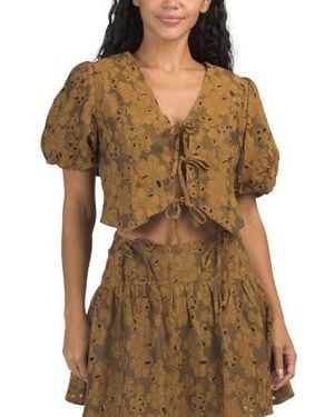 Marshalls Floral Jacquard Top With Front Ties For - Brown